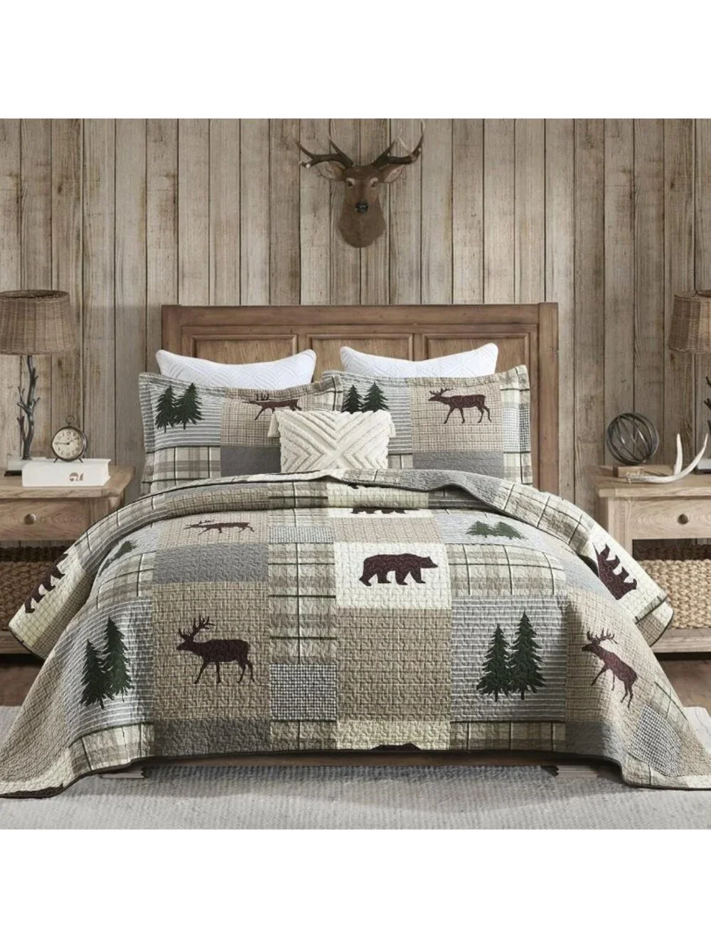 Cozy 100% Cotton Queen Quilt Set - Reversible Forest Plaid Bedspread & 2 Shams